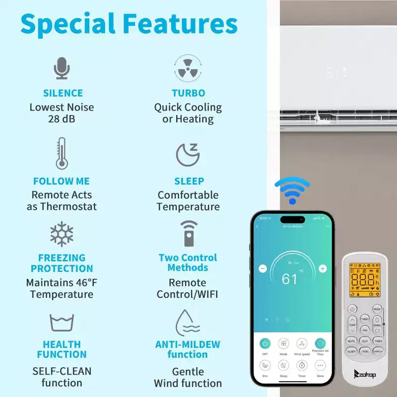 Karl Home 20 SEER2 12,000 BTU 1 Ton Aire Acondicionado Mini Split sin Ductos con Bomba de Calor 208/230V