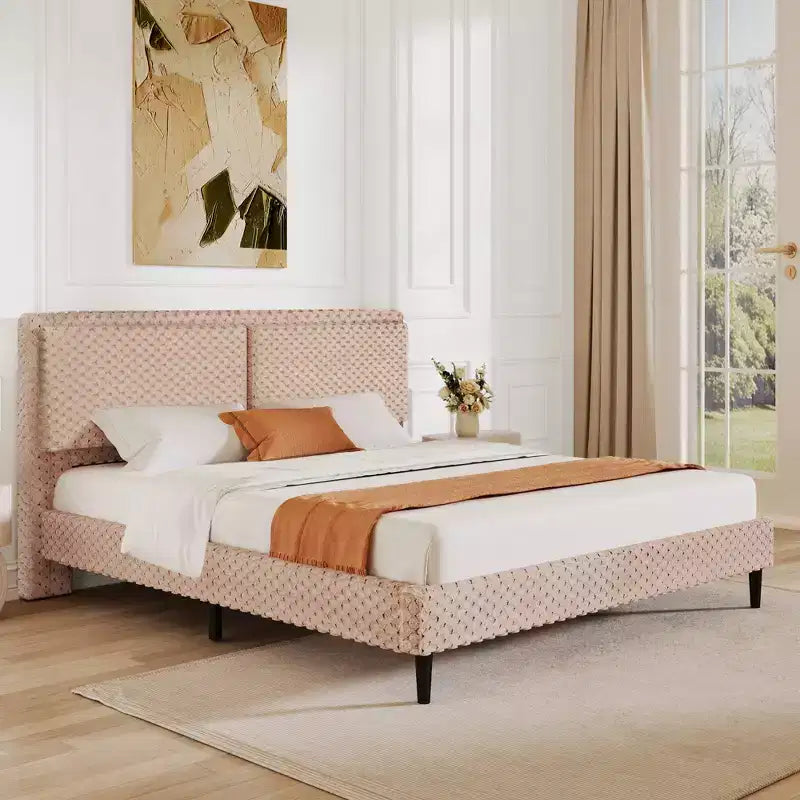 Camel Plush Upholstered Bed Frame with Soft Dual-Zone Backrest, Rounded Edges and Quiet Stable Support for Cozy Bedrooms, King