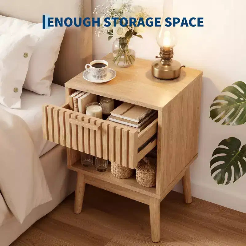Table de chevet bohème avec tiroir à lattes en bois et étagère ouverte, petite table d'appoint pour chambre, salon et dortoir, idéale pour les petits espaces