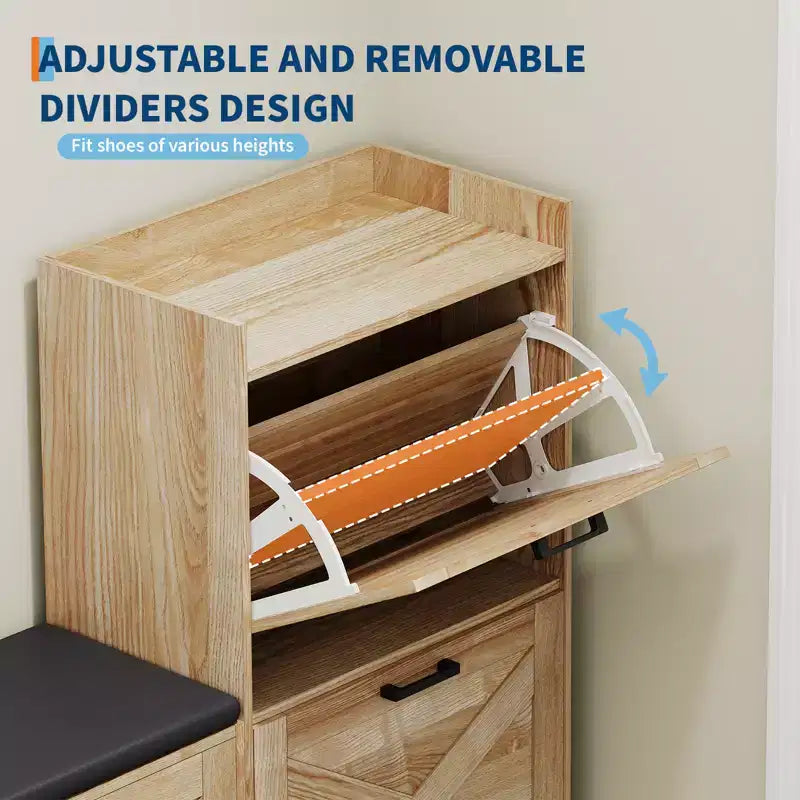 Wooden Shoe Storage Bench with 4 Flip Drawers & Padded Seat Cushion, Narrow Hidden Shoe Cabinet Organizer for Hallway & Entryway