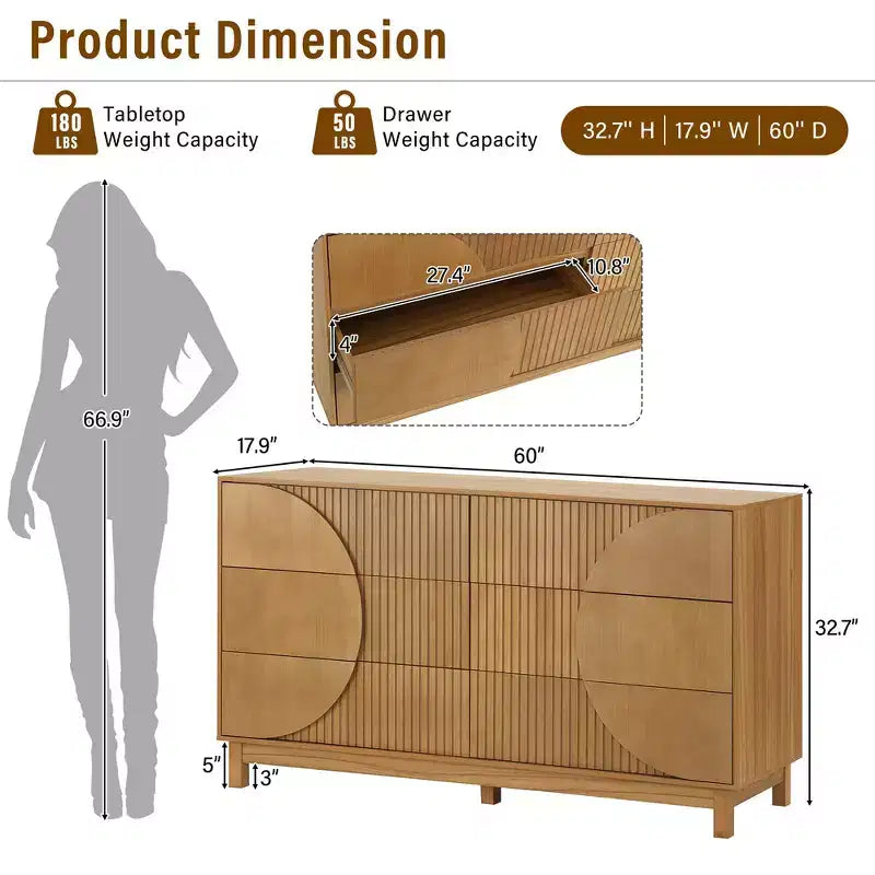 Whisen 6 Drawer Modern Dresser with Fluted Panel, Accent Chest for Bedroom, Multi-Purpose Storage Cabinet