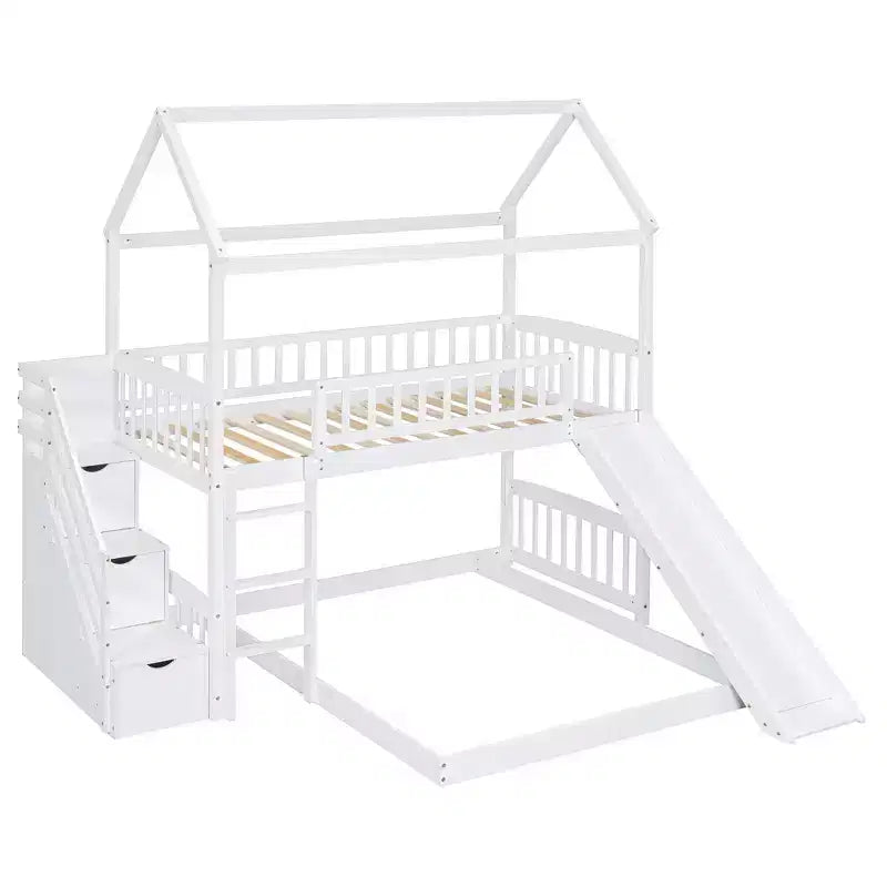 Luxystar L-shaped Bunk Bed With Storage Staircases and Slide for Kids' Room