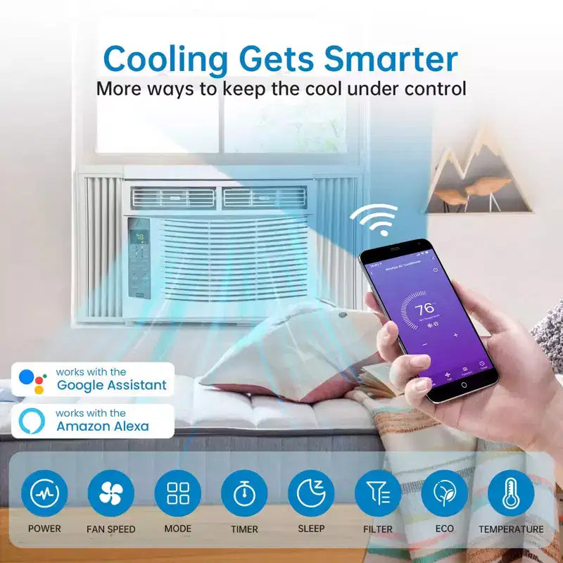Climatiseur de fenêtre 6 000 BTU, Refroidissement rapide turbo jusqu'à 23 m². Ouverture de fenêtre flexible (conception en T), Climatiseur de fenêtre avec télécommande et contrôle par application