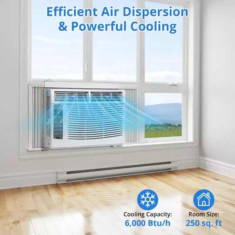 Climatiseur de fenêtre 6000 BTU, refroidit jusqu'à 32,5 m², unité de climatisation de fenêtre avec télécommande, 3 vitesses de ventilation, mode veille, redémarrage automatique, 115 V/60 Hz, blanc