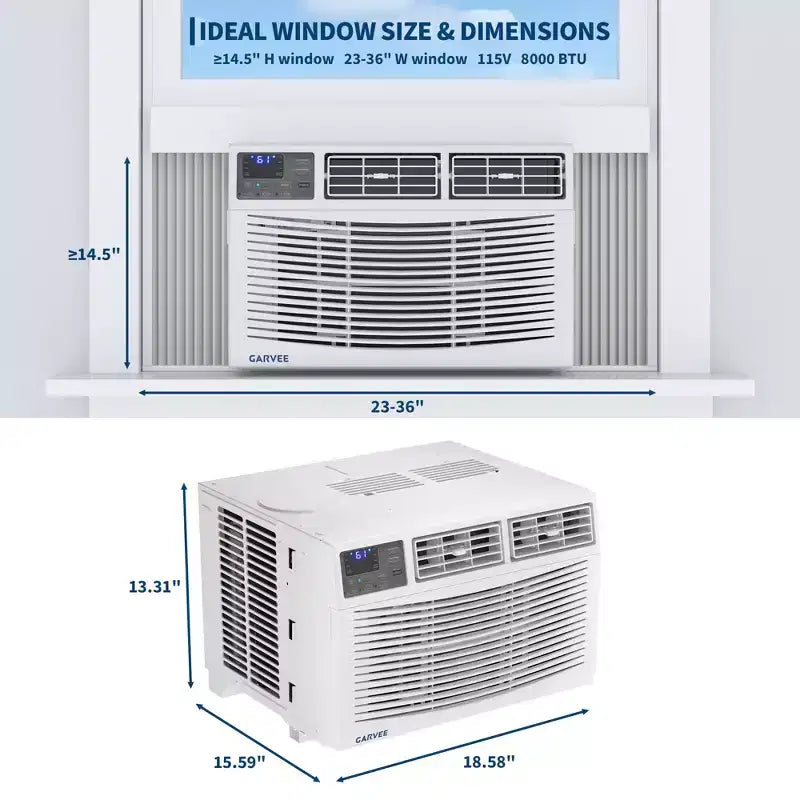 Aire acondicionado de ventana de 8000 BTU con control remoto, enfría habitaciones de hasta 32.5 metros cuadrados, 3 velocidades de enfriamiento y ventilador, funcionamiento silencioso, pantalla digital