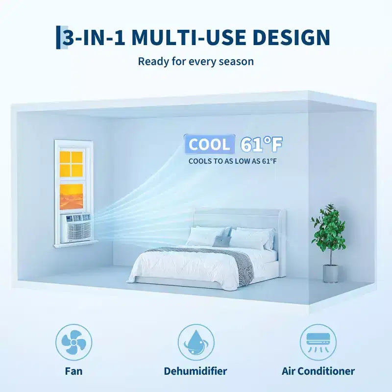 Aire acondicionado de ventana de 8000 BTU con control remoto, enfría habitaciones de hasta 32.5 metros cuadrados, 3 velocidades de enfriamiento y ventilador, funcionamiento silencioso, pantalla digital