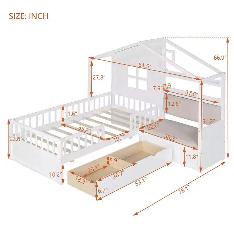 Luxystar Twin House Platform Bed with Sofa, 2 Drawers and Storage Shelves