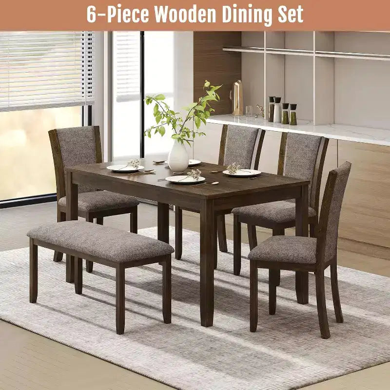 Zevemomo 6-Piece Solid Wood Dining Table Set for 6, Including 1 Dinner Table, 4 Upholstered Chairs and 1 Bench for Dining Room, Kitchen, Dark Walnut