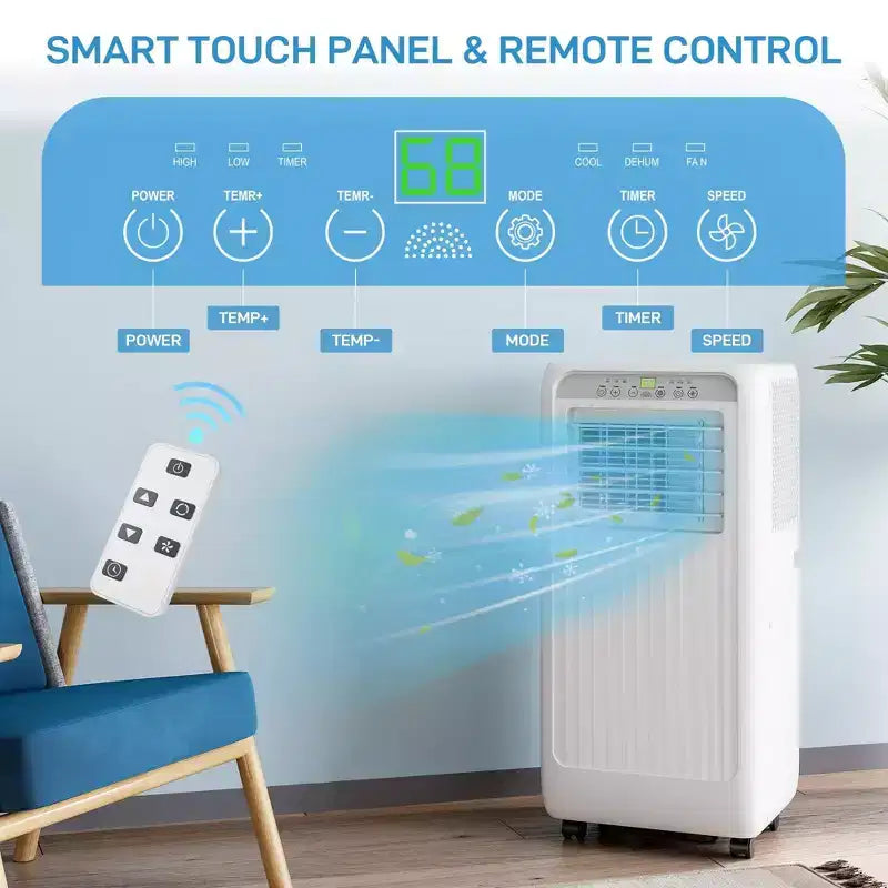 Climatiseur portable 10 000 BTU 3-en-1 avec télécommande, mode silencieux, déshumidificateur et ventilateur pour pièces de 42 m² avec minuterie 24h et kit fenêtre