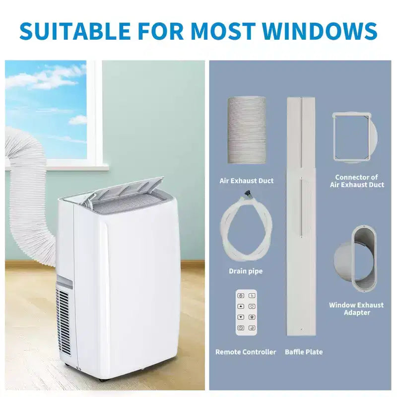 Unidad de aire acondicionado portátil de 14,000 BTU, enfriador, deshumidificador, ventilador, deshumidificación automática, panel táctil LED, kit de ventilación para ventana con control remoto