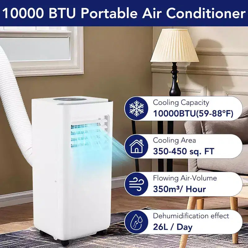 Aire acondicionado portátil de 10000 BTU - Enfriamiento, deshumidificador, ventilador 3 en 1 para habitaciones de hasta 450 pies cuadrados, con control remoto, modo de suspensión, temporizador de 24 horas y fácil movilidad