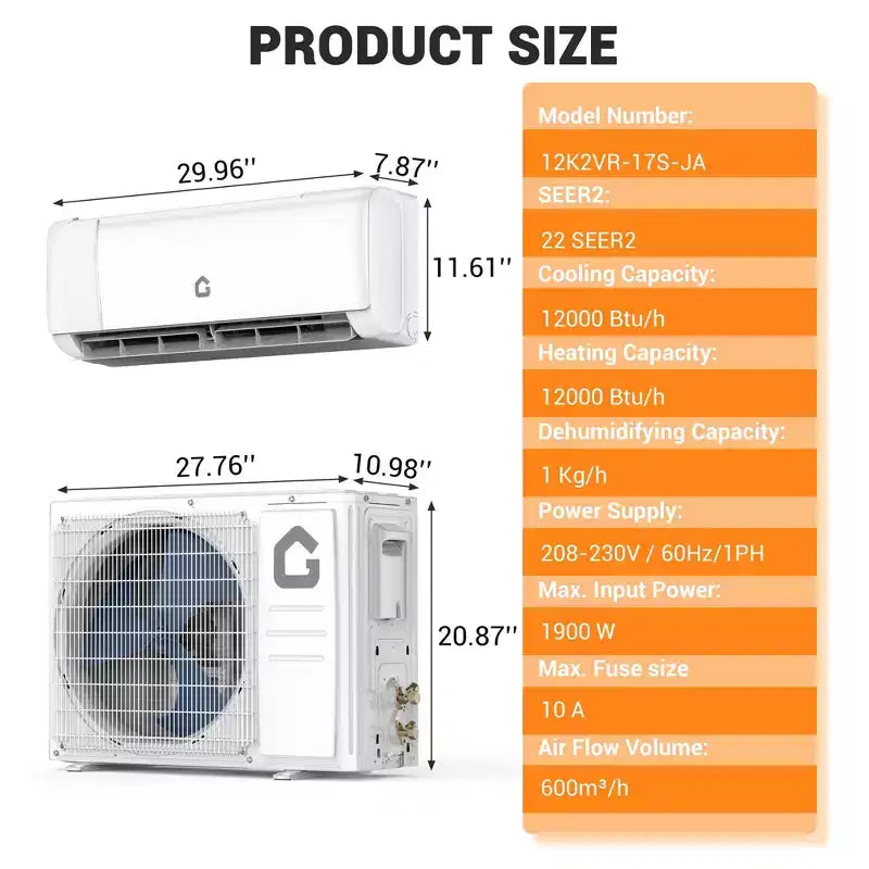 Aire acondicionado mini split de 12,000 BTU, 22 SEER2, refrigeración/calefacción de 750 pies cuadrados, inversor inteligente, control WiFi Alexa, 5 modos (frío/calor/deshumidificación/ventilador/suspensión)