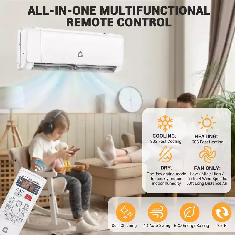 Aire acondicionado mini split de 12,000 BTU, 22 SEER2, refrigeración/calefacción de 750 pies cuadrados, inversor inteligente, control WiFi Alexa, 5 modos (frío/calor/deshumidificación/ventilador/suspensión)