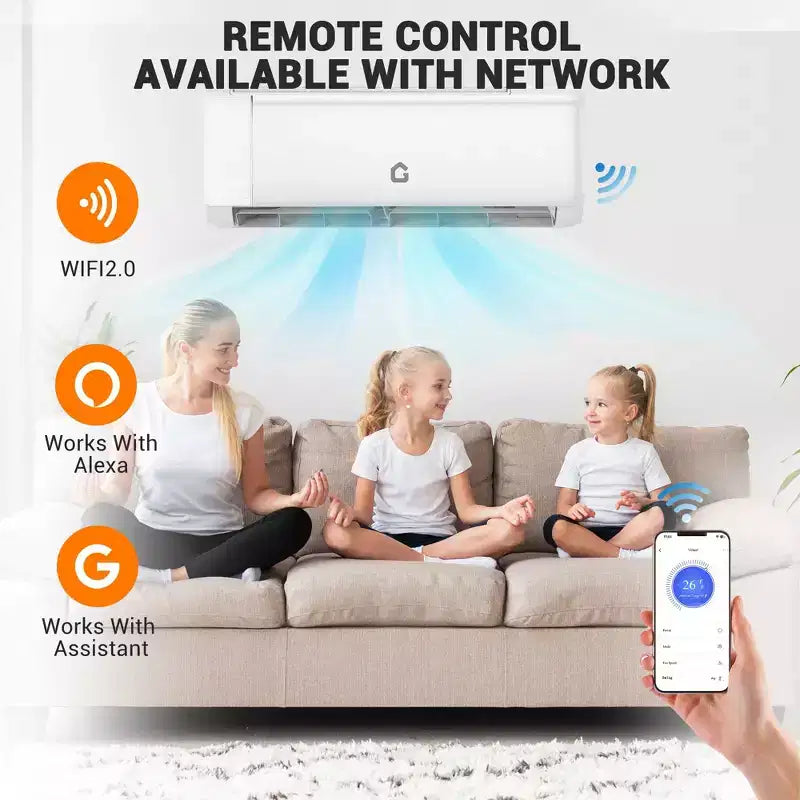 Climatiseur mini-split 12 000 BTU, SEER2 22, Chauffage/Refroidissement 70 m², Onduleur intelligent, Contrôle WiFi Alexa, 5 modes (Froid/Chaud/Déshumidification/Ventilateur/Nuit)