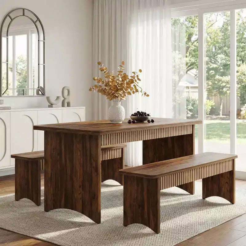 MAYEERTY Ensemble de salle à manger 3 pièces en bois, Table de cuisine de ferme avec 2 bancs peu encombrants