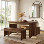 MAYEERTY 3-Piece Wooden Dining Set, Farmhouse Kitchen Table with 2 Space-Saving Benches