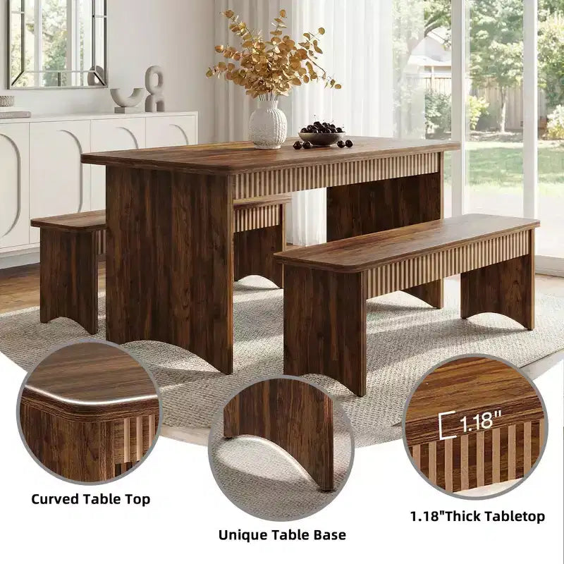 MAYEERTY Ensemble de salle à manger 3 pièces en bois, Table de cuisine de ferme avec 2 bancs peu encombrants