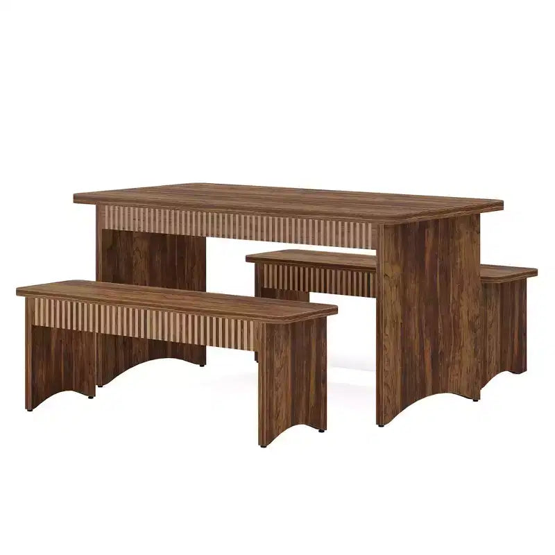 MAYEERTY 3-Piece Wooden Dining Set, Farmhouse Kitchen Table with 2 Space-Saving Benches