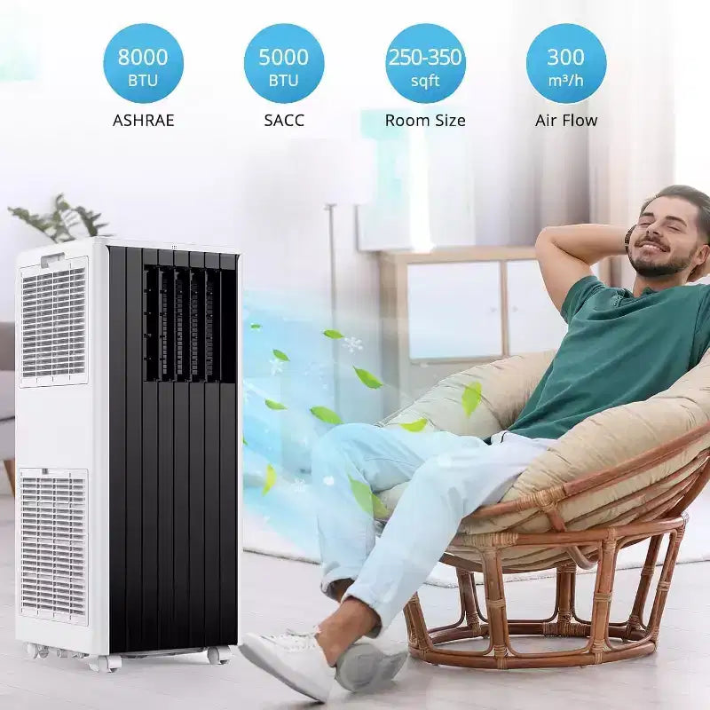 Climatiseur portable 8 000 BTU pour pièces jusqu'à 32,5 m², climatiseur portable 4 en 1 avec fonctions refroidissement, ventilateur, déshumidificateur et mode veille, unité de climatisation intérieure avec télécommande