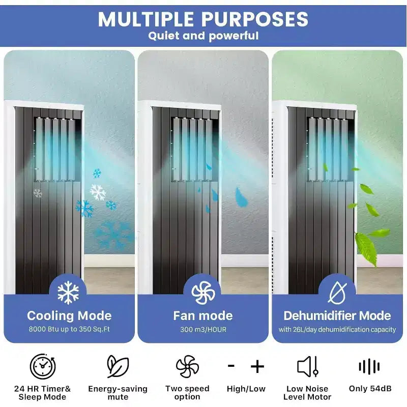 Climatiseur portable 8 000 BTU pour pièces jusqu'à 32,5 m², climatiseur portable 4 en 1 avec fonctions refroidissement, ventilateur, déshumidificateur et mode veille, unité de climatisation intérieure avec télécommande