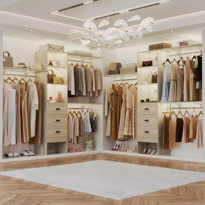 Système de placard Besiost avec 3 tringles, 3 tiroirs et 3 tours d'étagères, organisateur de dressing de 1,5 à 2,4 m