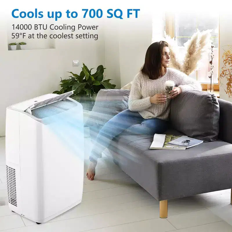 Climatiseur portable | Climatiseur de 14000 BTU refroidissant jusqu'à 65 m² | Avec télécommande, ventilateur AC déshumidificateur | Faible bruit | Mode veille | Idéal pour la maison