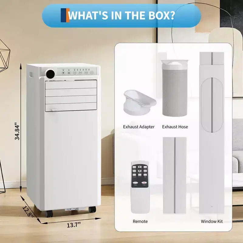 Climatiseur portable 8 000 BTU - Climatiseur blanc 3-en-1 (1 pièce) pour pièces jusqu'à 32,5 m² | Télécommande, kit de fenêtre et minuterie 24h inclus pour chambre à coucher