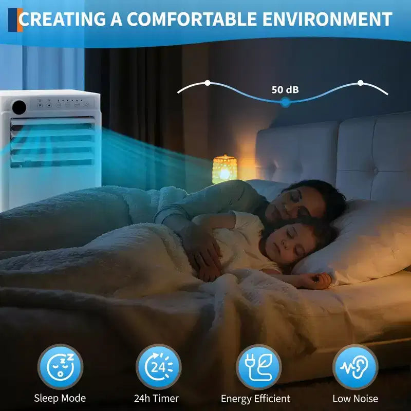 Climatiseur portable 8 000 BTU - Climatiseur blanc 3-en-1 (1 pièce) pour pièces jusqu'à 32,5 m² | Télécommande, kit de fenêtre et minuterie 24h inclus pour chambre à coucher