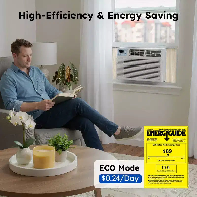 Climatiseur de fenêtre intelligent Simzlife 10000 BTU, climatiseur 3-en-1 pour 42 m², contrôle par application, installation facile, économe en énergie et silencieux, blanc