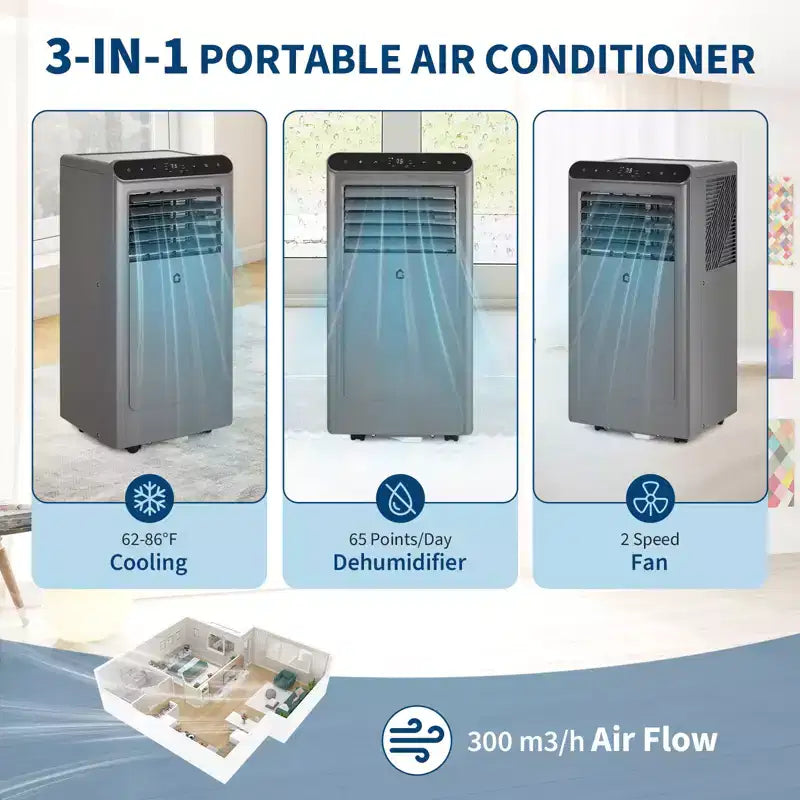 Climatiseur portatif 10 000 BTU 3-en-1 gris/noir (1 paquet) pour pièces jusqu'à 450 pieds carrés | Comprend une télécommande, un kit de fenêtre et une minuterie de 24h pour la maison/l'hôtel