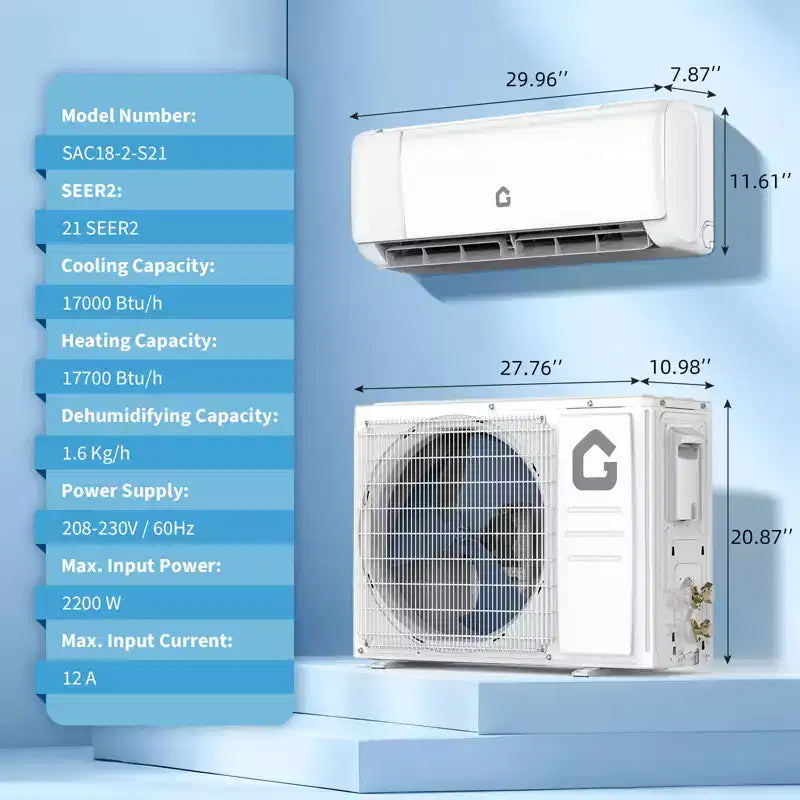 Climatiseur et Chauffage Mini Split Écoénergétique 12000/18000 BTU, 21 SEER2, Silencieux, Sans Conduit, Inverter, Compatible WiFi, 230V – Refroidit et Chauffe jusqu'à 93 m²