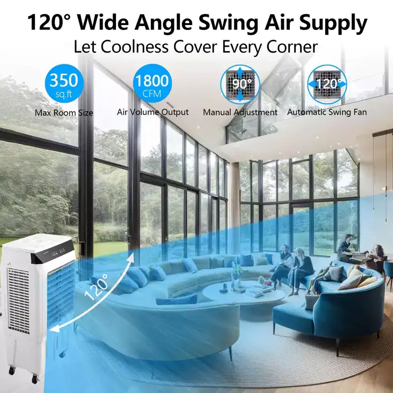 Refroidisseur par évaporation portable avec oscillation à 120°, 3 modes et vitesses, ventilateur de refroidissement par eau pour patio intérieur/extérieur, garage et usage commercial
