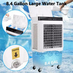 Refroidisseur par évaporation portable avec oscillation à 120°, 3 modes et vitesses, ventilateur de refroidissement par eau pour patio intérieur/extérieur, garage et usage commercial