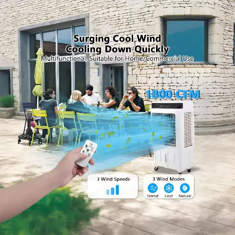 Refroidisseur par évaporation portable avec oscillation à 120°, 3 modes et vitesses, ventilateur de refroidissement par eau pour patio intérieur/extérieur, garage et usage commercial