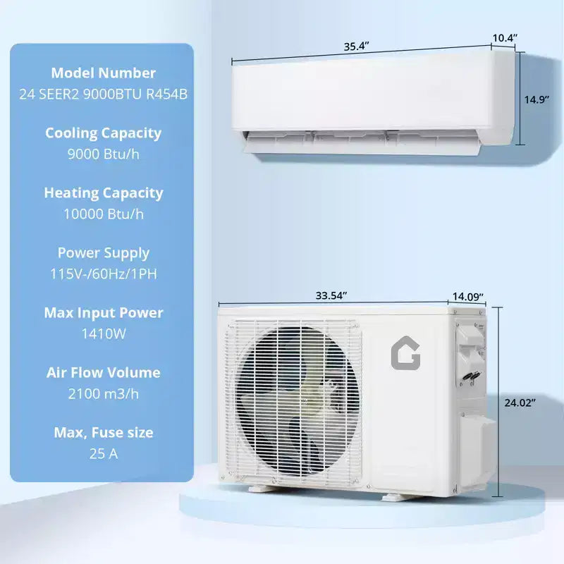 Climatiseur mini-split 9 000 BTU avec pompe à chaleur (24 SEER2) TCL-TPro, 1 unité, raccordement 230V, rafraîchit/chauffe 42 m² pour la maison et le bureau