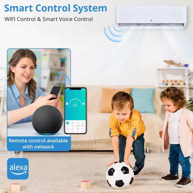 Climatiseur/thermopompe mini-split 18 000 BTU 23 SEER2 - WiFi/Alexa, ultra-silencieux, 208-230V, blanc, climatise/chauffe 116 m², kit d'installation complet