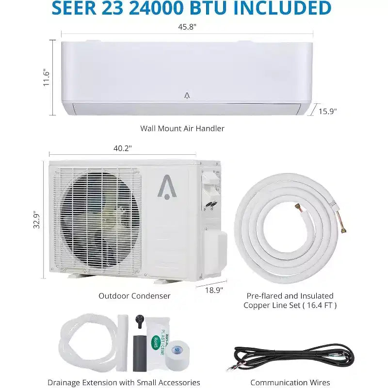 Minisplit AC/Bomba de Calor de 24.000 BTU, 23 SEER2 - WiFi Inteligente, Montaje en Pared, Blanco, Enfría/Calienta 139 m², Incluye Kit de Línea de Cobre de 4,8 m