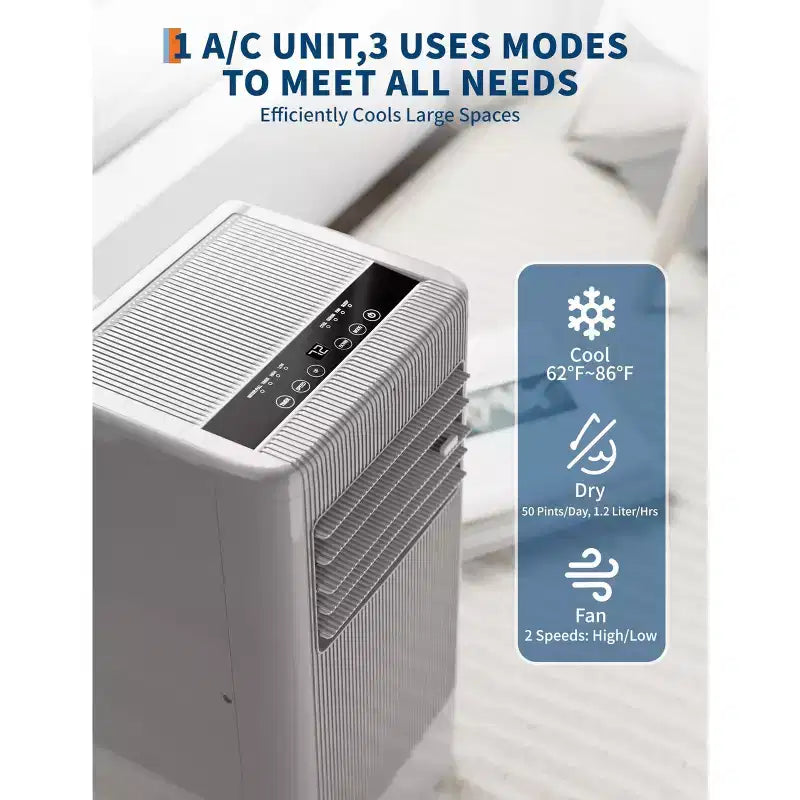 Climatiseur portable 3-en-1 8 000 BTU - Gris (NPLI9A-05CX1E), 1 unité, Refroidissement silencieux à 2 vitesses pour la maison/le dortoir/le bureau, Inclut un kit de fenêtre et une télécommande