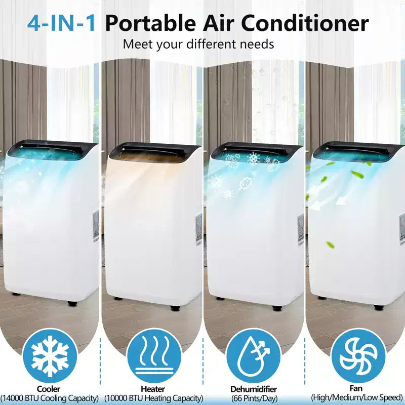 Climatiseur portable 14 000 BTU - Unité au sol blanche 4 en 1 (1 pack) pour grandes pièces jusqu'à 70 m² | Chauffage et déshumidificateur inclus