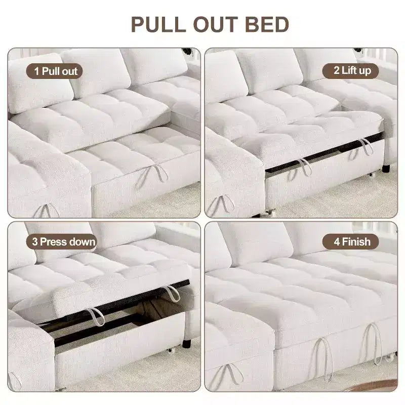 Dyonery 104 U-Shaped Sleeper Sofa Bed  Pull Out Couch with Reclining Back, Storage Chaise & Tool-Free Assembly