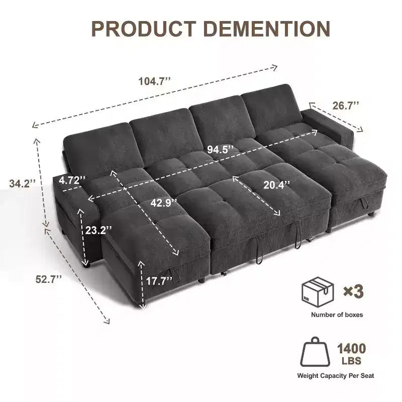 Dyonery 104 U-Shaped Sleeper Sofa Bed  Pull Out Couch with Reclining Back, Storage Chaise & Tool-Free Assembly