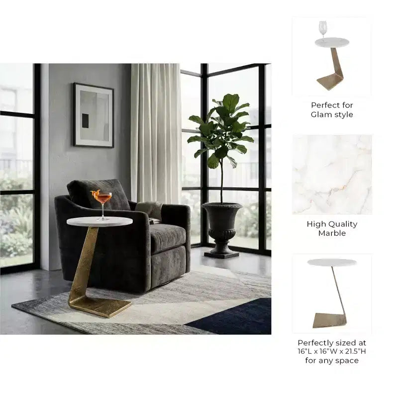 Table d'appoint moderne avec base inclinée pour la décoration de chambre - Petite table d'appoint contemporaine pour la décoration de maison et de salon - 22, Blanc et Or