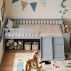Twin Bed Frame with Storage Shelf, Slide and Ladder, Wood Platform Bed with Guardrail, Gray