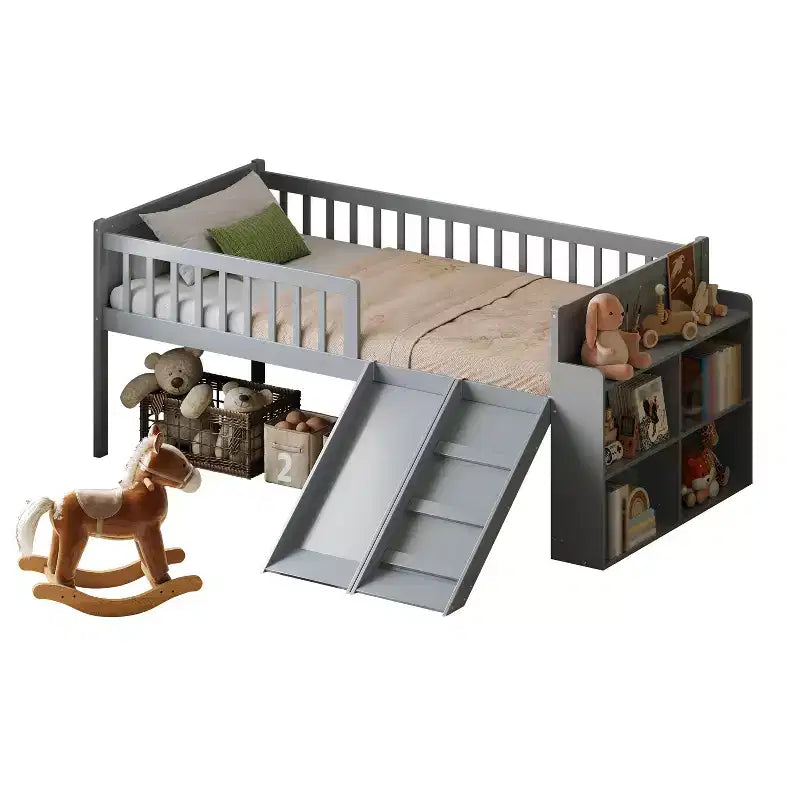 Twin Bed Frame with Storage Shelf, Slide and Ladder, Wood Platform Bed with Guardrail, Gray