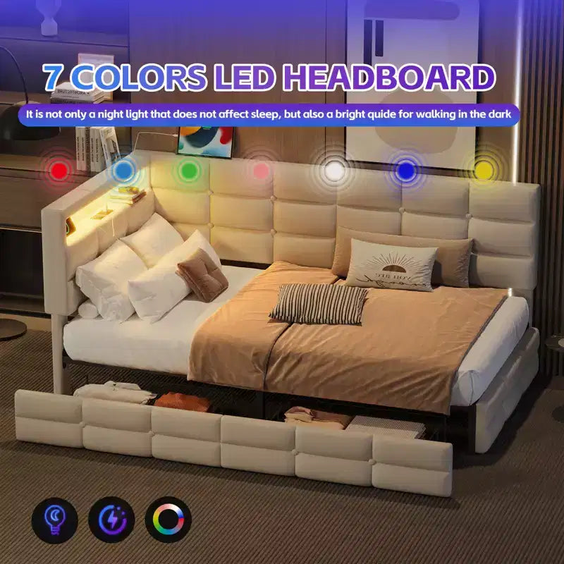 Upholstered Twin Daybed with 2 Storage Drawers, Charging Station, LED Lights and Headboard, Beige