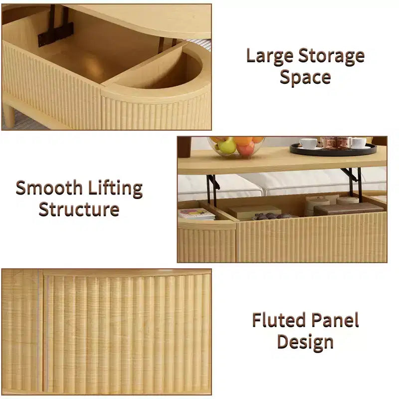 JVNOXK Fluted Lift Top Coffee Table with Hidden Compartment, Wooden Center Table, Modern Oval Lift Tabletop forLiving Room Office,Natural