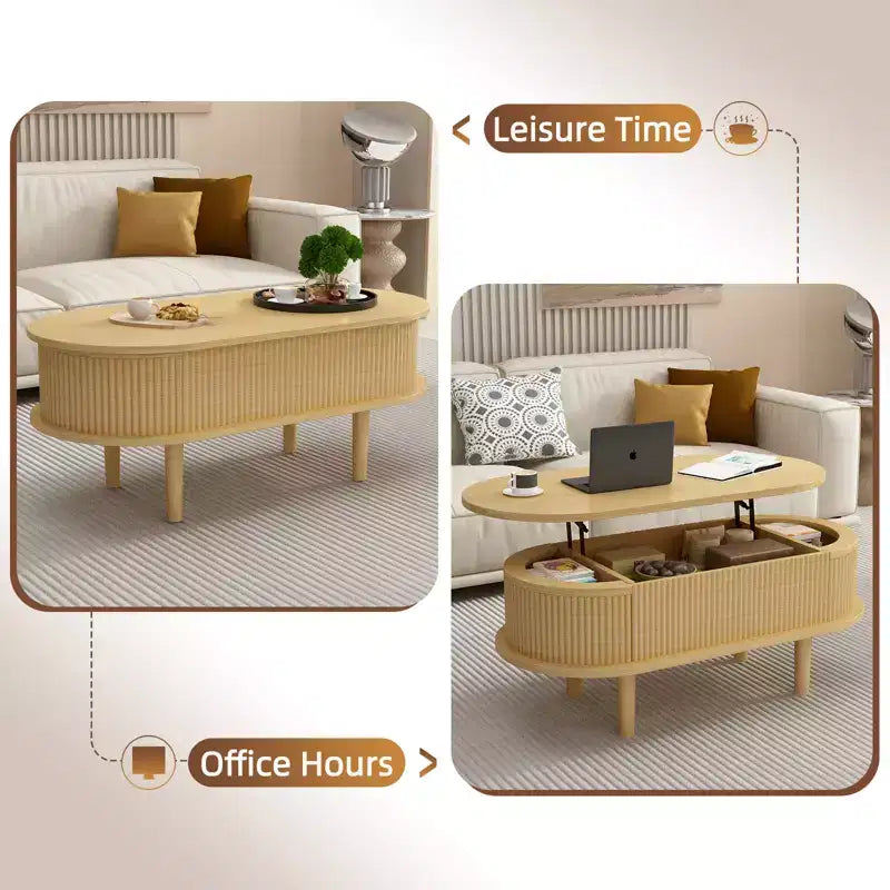 JVNOXK Fluted Lift Top Coffee Table with Hidden Compartment, Wooden Center Table, Modern Oval Lift Tabletop forLiving Room Office,Natural