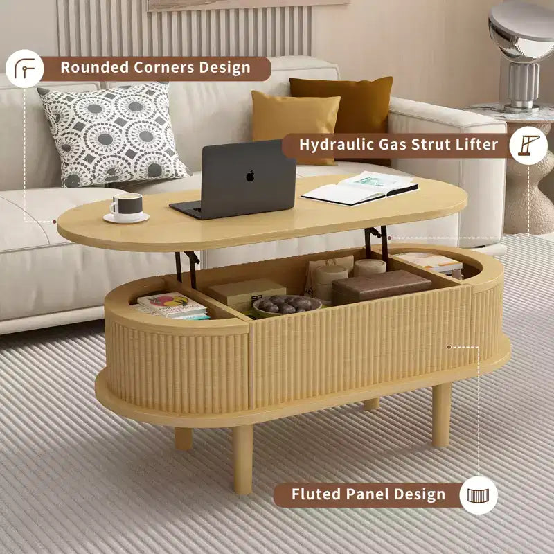 JVNOXK Fluted Lift Top Coffee Table with Hidden Compartment, Wooden Center Table, Modern Oval Lift Tabletop forLiving Room Office,Natural