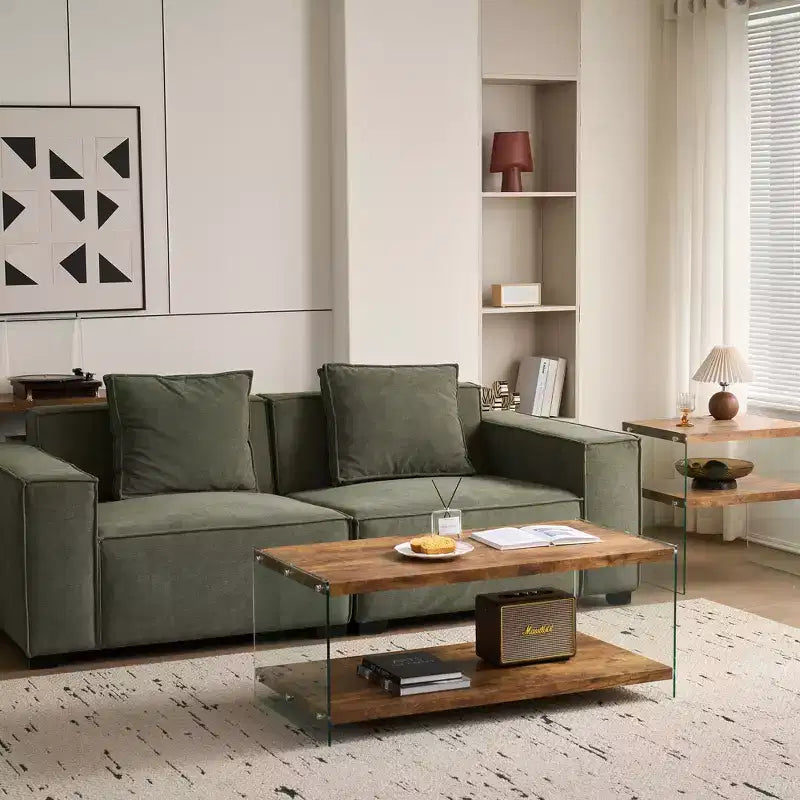 JVNOXK Modern Simple MDF Coffee Table with Walnut Tempered Glass, Side Table for Living Room