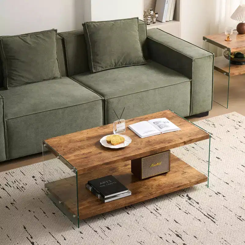 JVNOXK Modern Simple MDF Coffee Table with Walnut Tempered Glass, Side Table for Living Room